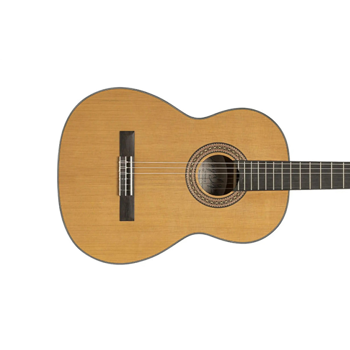 Graciano-CM classical guitar, close-up of the cedar top, soundhole rosette and bridge