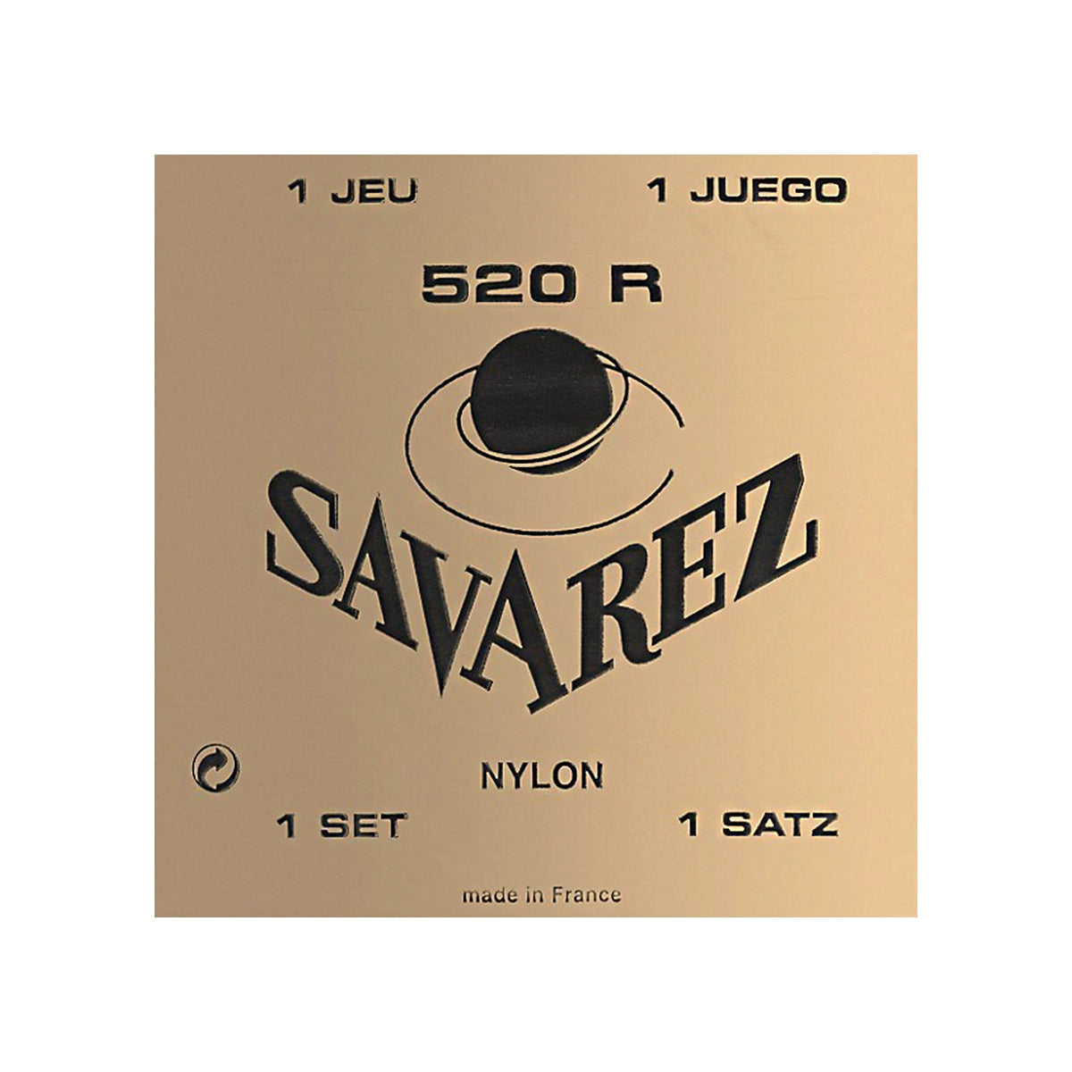 The front packaging displays the Savarez 520R Rectified Nylon Classical Guitar Strings in a gold design.