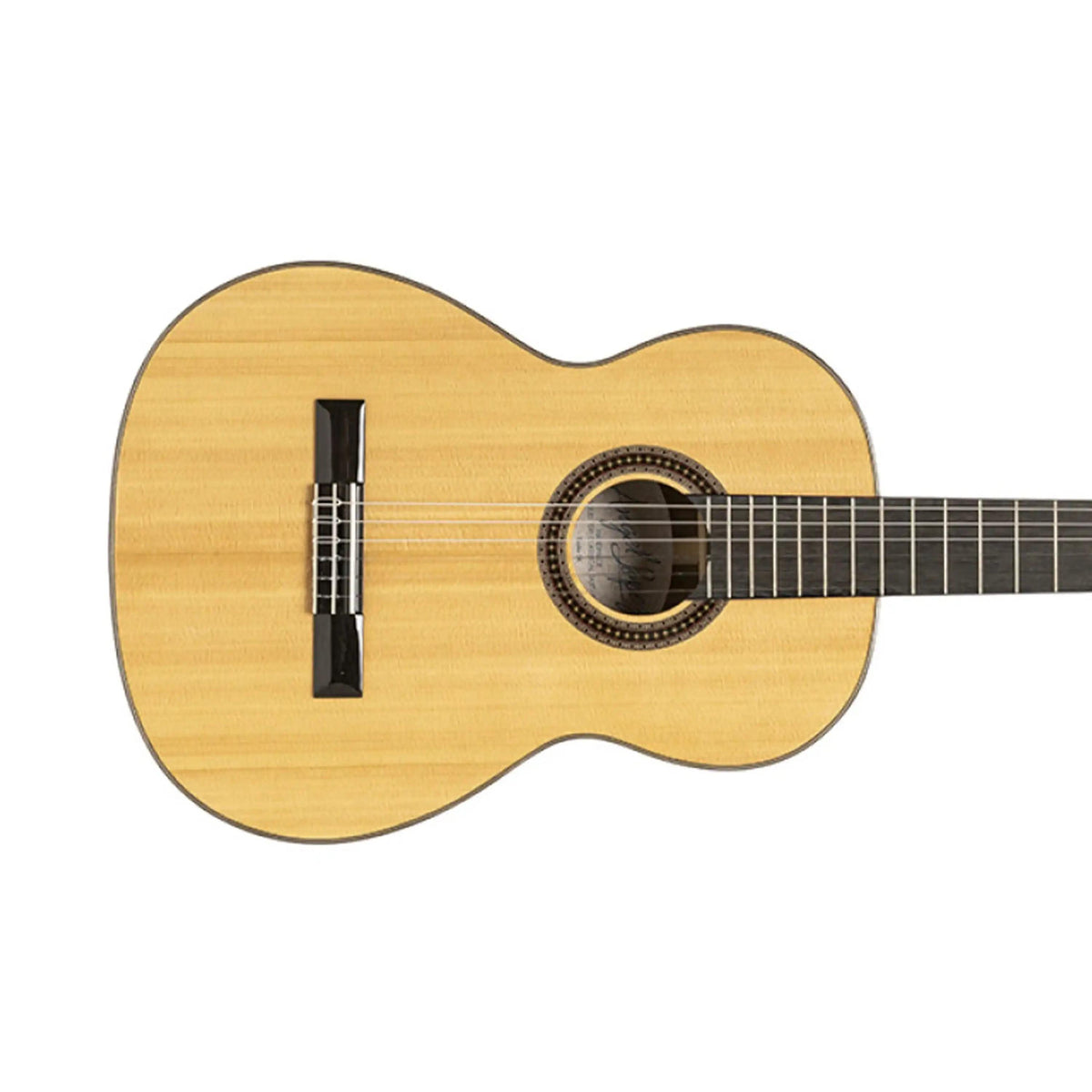 Tinto-SK classical guitar, close-up of the spruce top, soundhole rosette and bridge