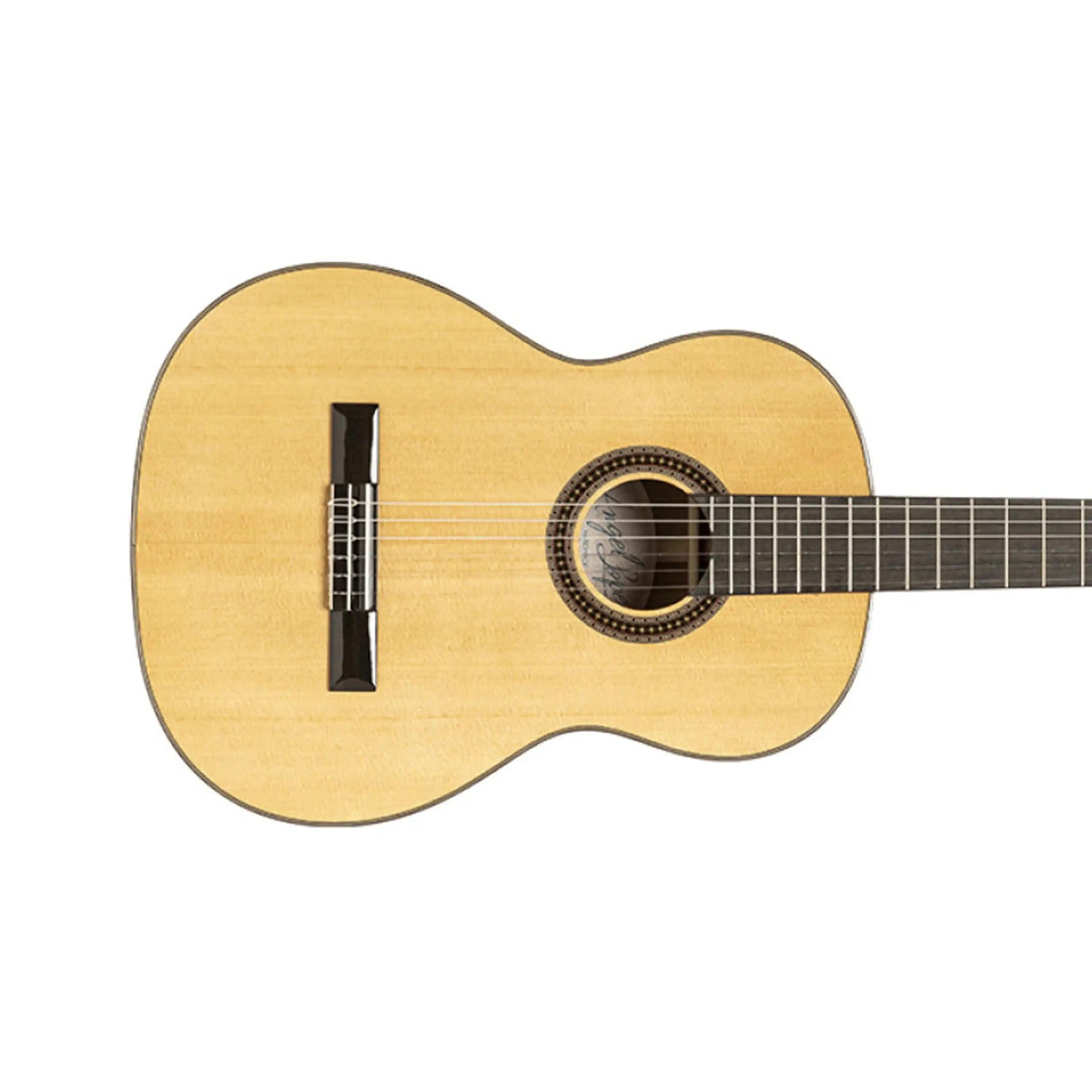 Tinto-SL classical guitar, close-up of the spruce top, soundhole rosette and bridge