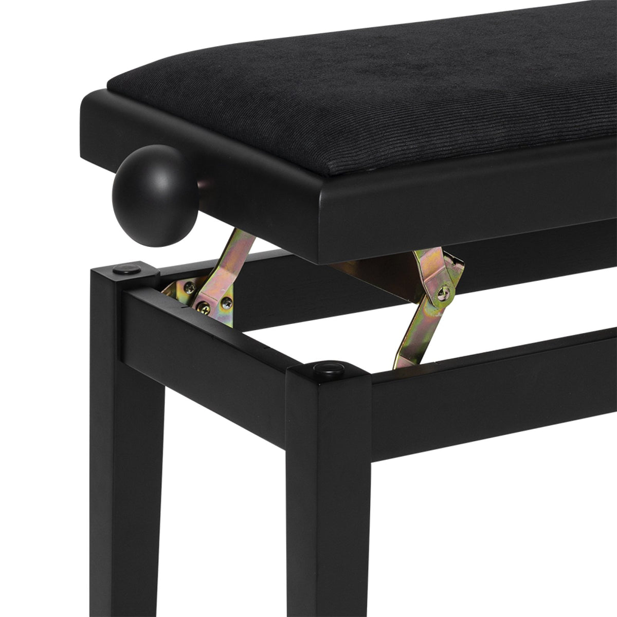 Stagg PB06 matt black piano bench with the seat raised showing the height adjustment mechanism