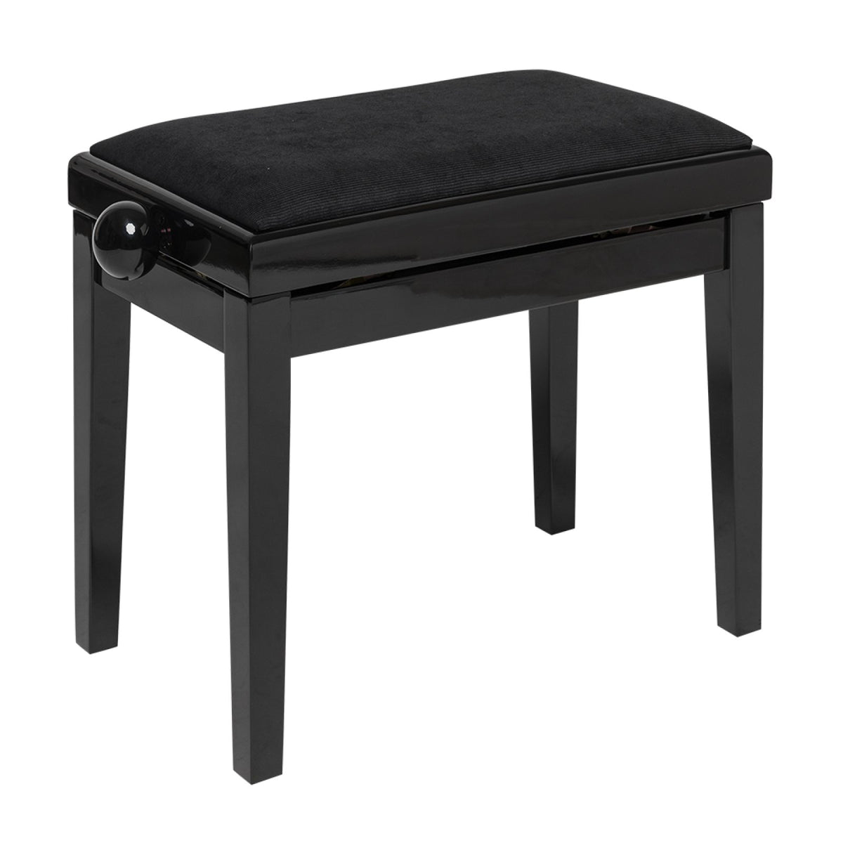 Stagg PB06 highgloss black adjustable piano bench with black velvet top, front three-quarter view