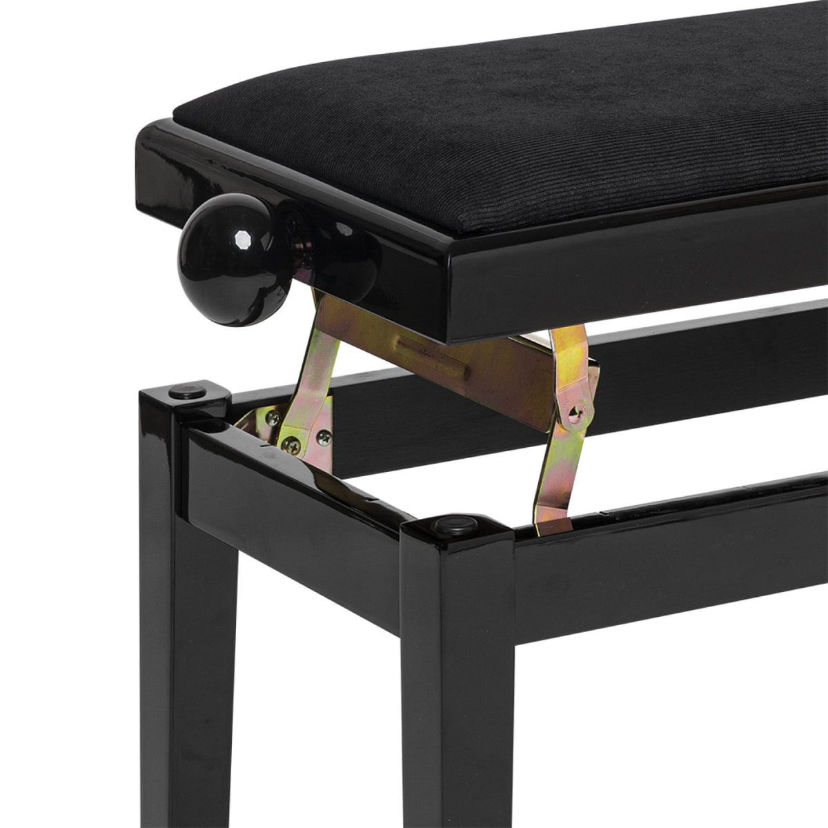 Stagg PB06 highgloss black piano bench with the seat raised showing the height adjustment mechanism