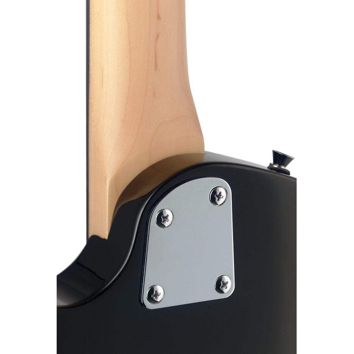 Close-up of the bolt-on maple neck joint on the black Stagg Silveray Custom electric guitar