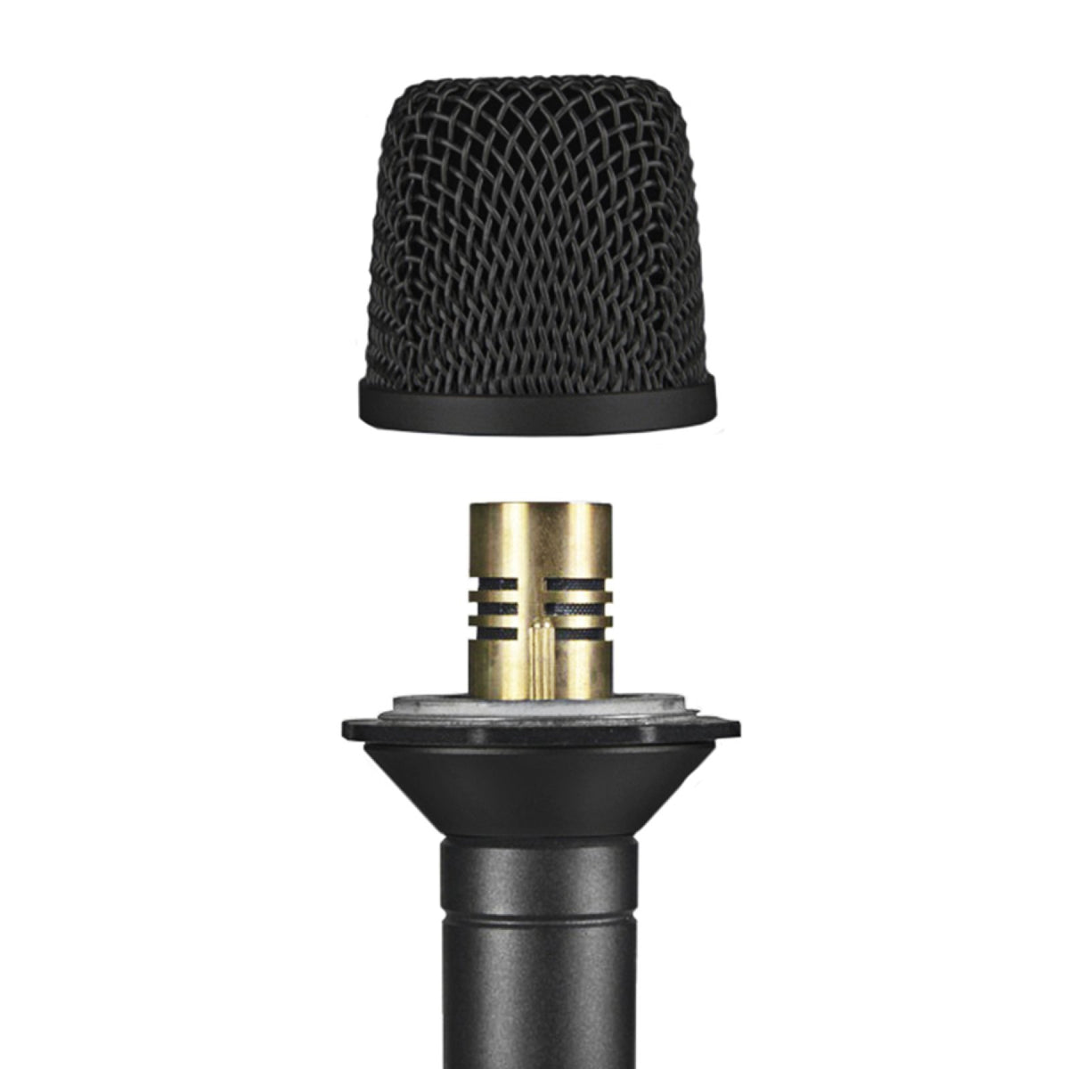 Stagg SCM300 microphone with its mesh grille lifted off, showing the brass electret condenser capsule