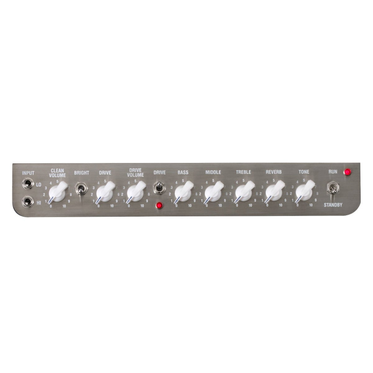 Laney Lionheart L20H 20W all-tube guitar amp head control panel with channel, gain, EQ and reverb knobs