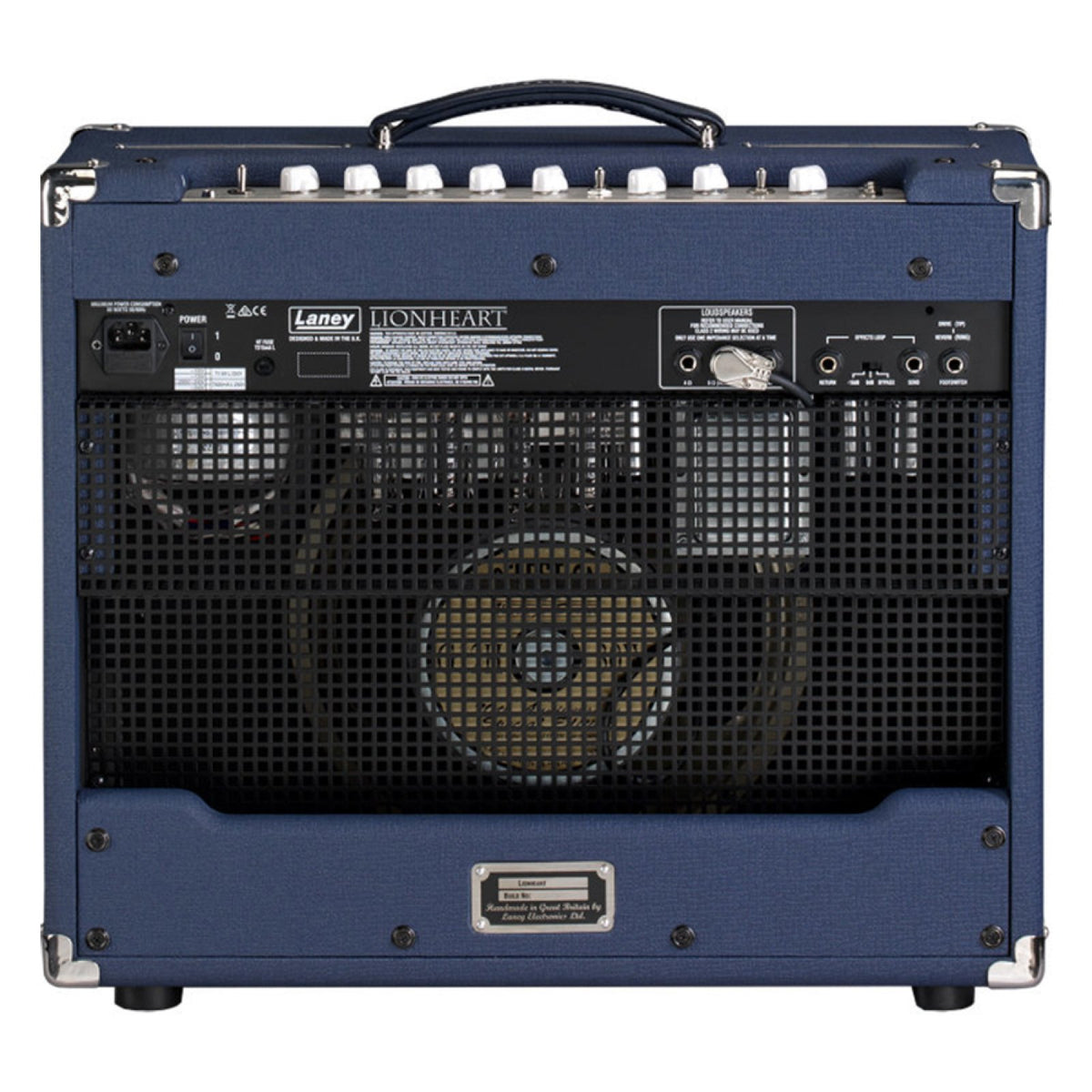 Laney Lionheart L20T-112 rear of the open-back combo showing the 12-inch speaker, tubes and rear panel connections