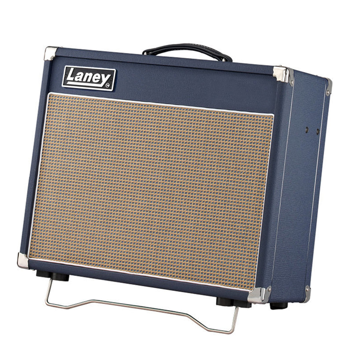 Laney Lionheart L20T-112 right three-quarter view of the blue tolex combo amp on its folding tilt-back stand