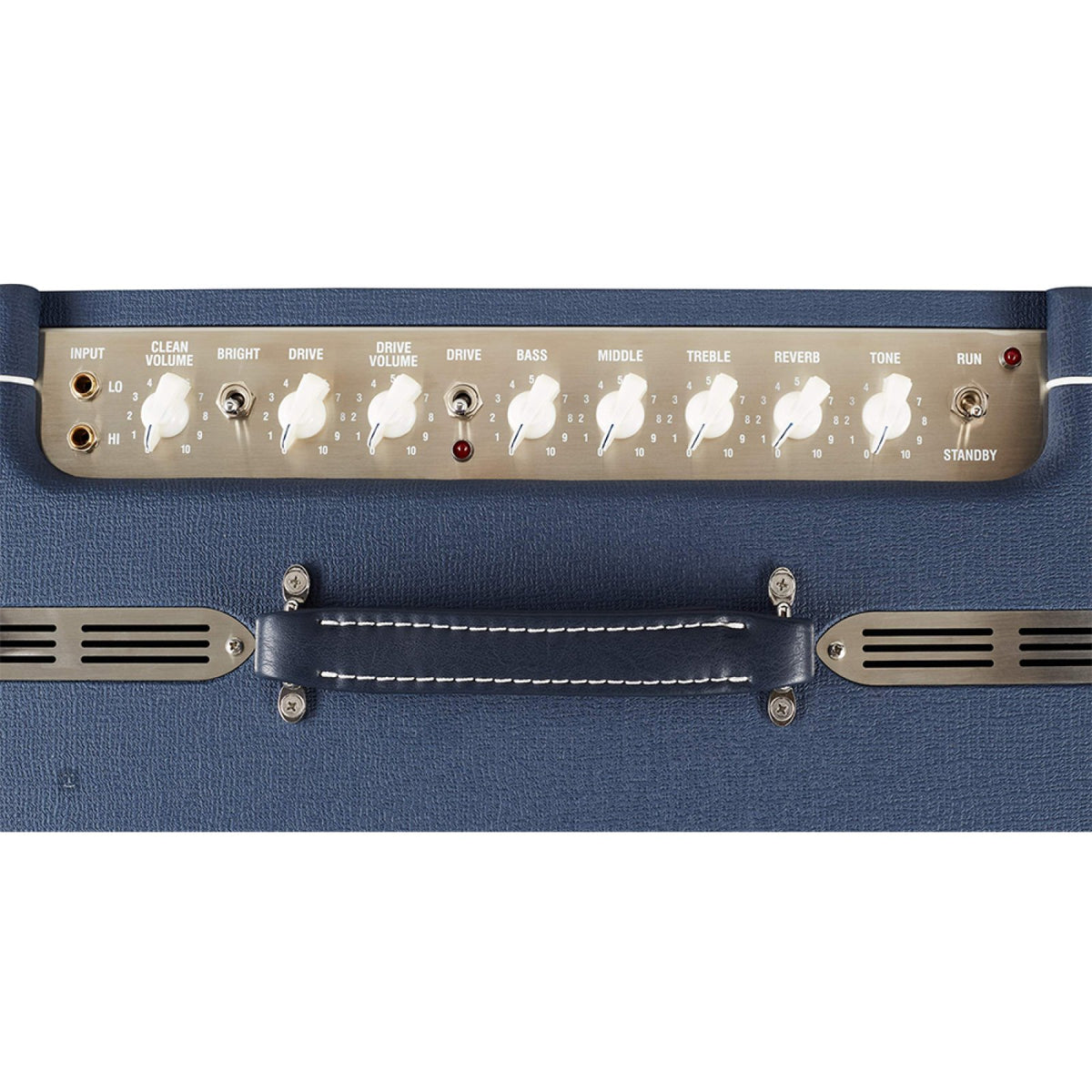 Laney Lionheart L20T-212 close-up of the top control panel and leather carry handle of the 2x12 combo amp