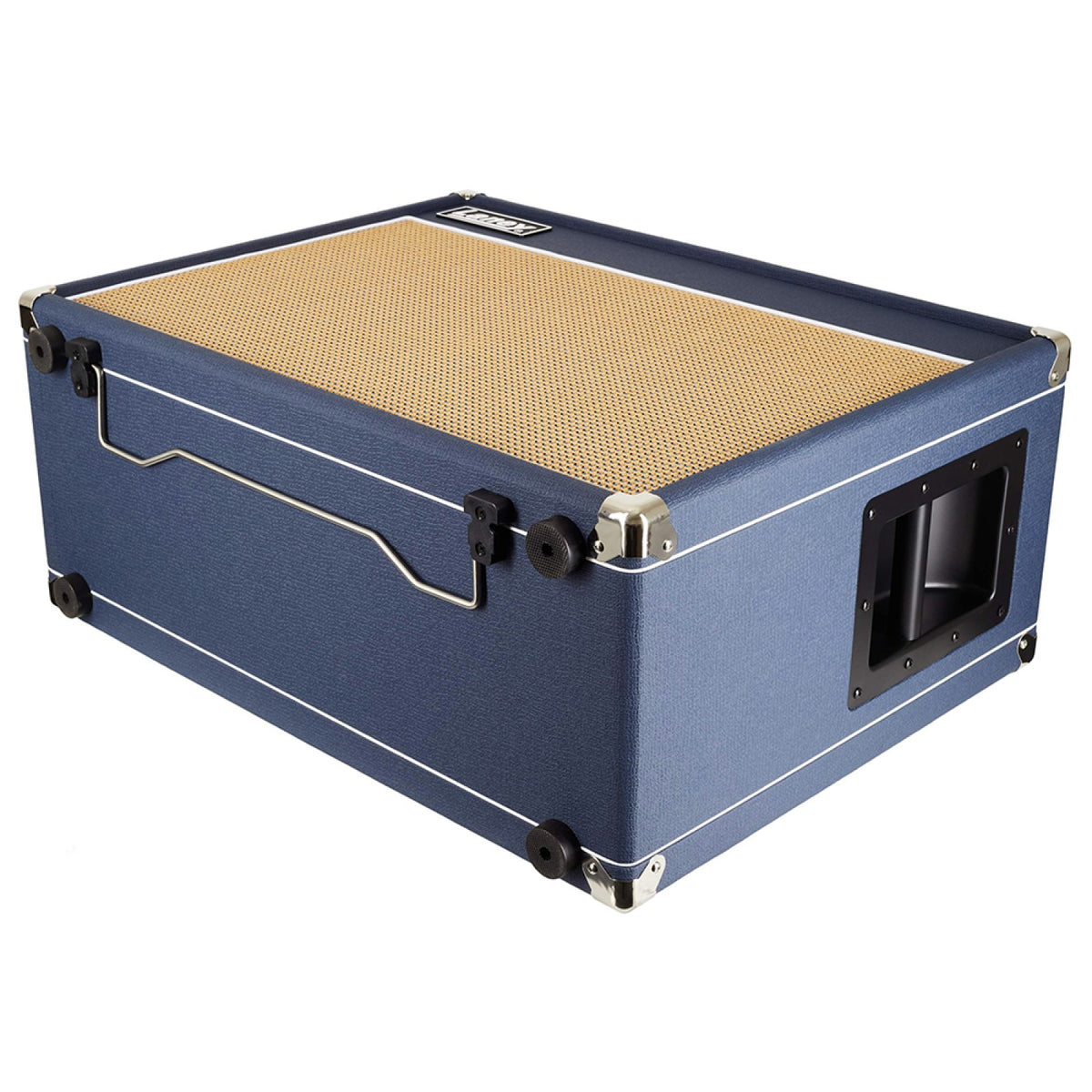 Laney Lionheart L20T-212 combo amp resting on its back showing the beige grille cloth, folding tilt-back stand and side handle