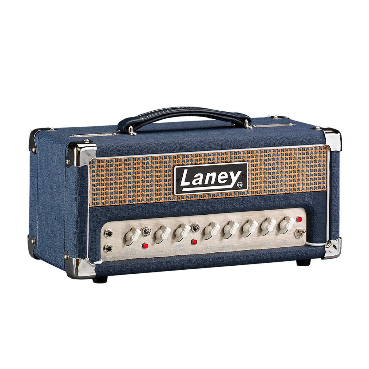 Laney Lionheart L5-STUDIO 5W all-tube guitar amp head front view of the blue tolex head with front-mounted control panel