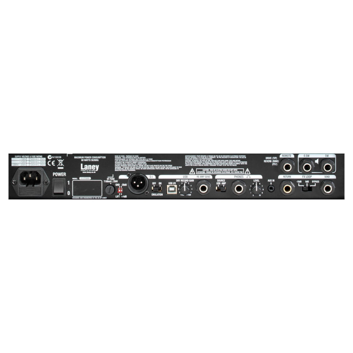 Laney Lionheart L5-STUDIO 5W all-tube guitar amp head rear connection panel with speaker outputs and power inlet