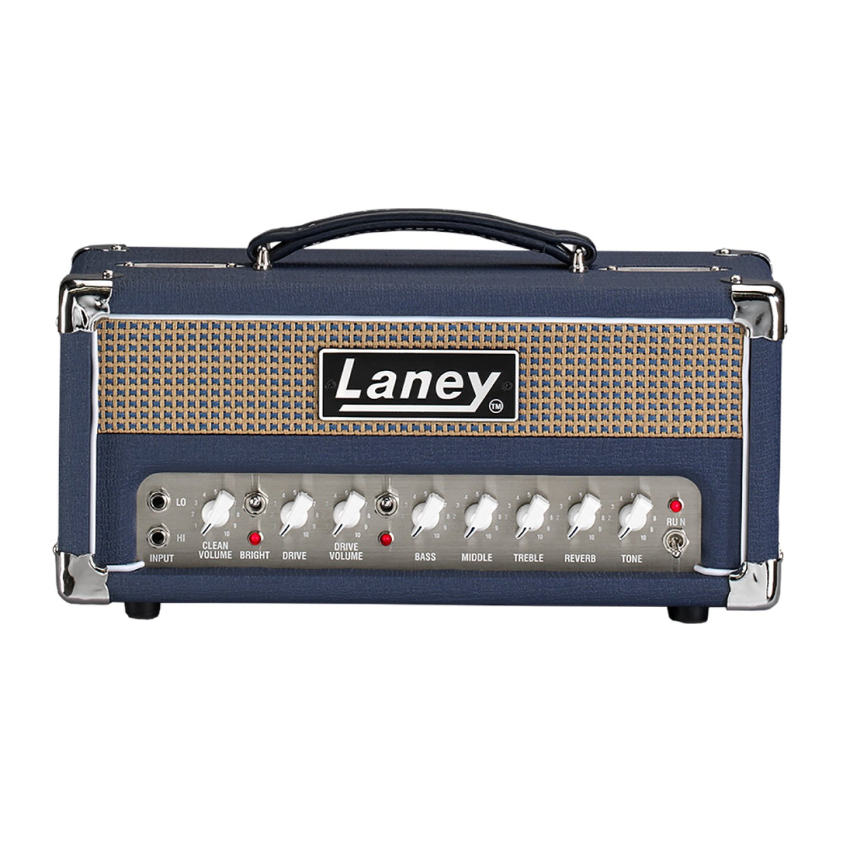 Laney Lionheart L5-STUDIO 5W all-tube guitar amp head straight-on front view with wheat grille cloth and Laney logo