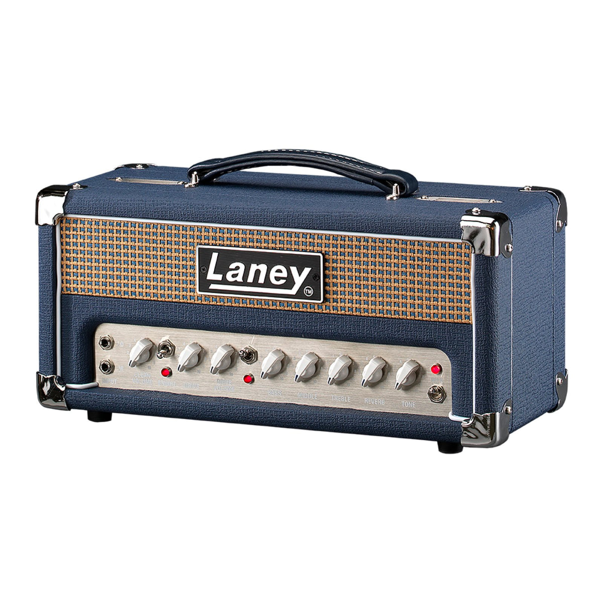 Laney Lionheart L5-STUDIO 5W all-tube guitar amp head angled front view of the compact tube head and chrome corners