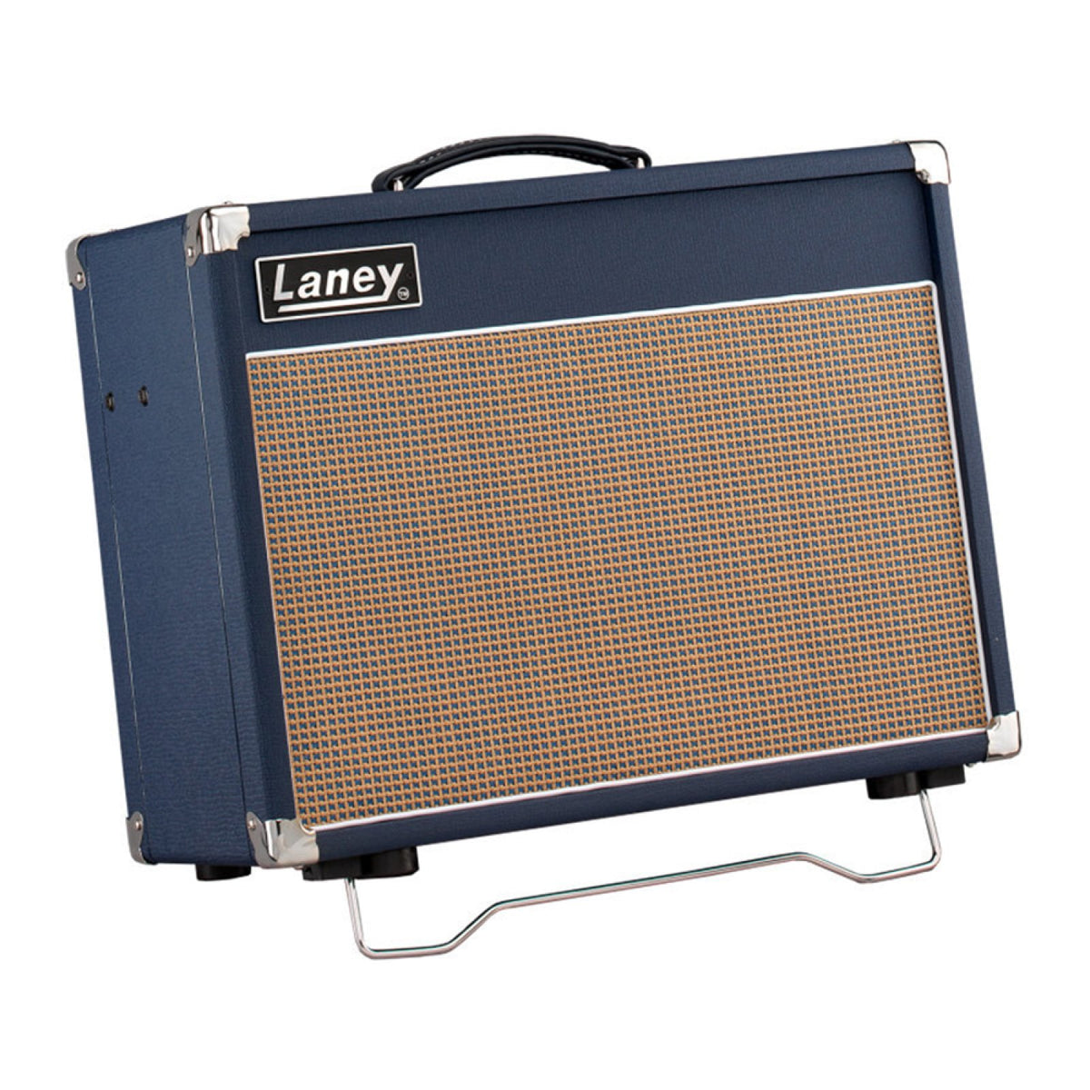 Laney Lionheart L5T-112 left three-quarter view of the blue tolex 1x12 combo amp with beige grille cloth, chrome corners and a folding tilt-back stand