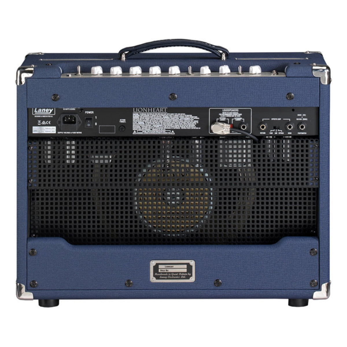 Laney Lionheart L5T-112 rear of the open-back combo showing the 12-inch speaker, tubes and rear panel connections
