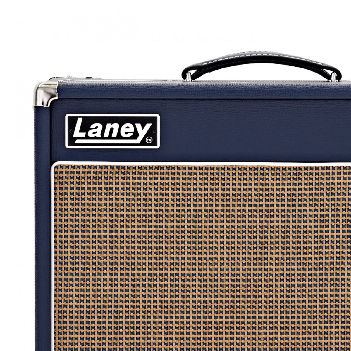 Laney Lionheart L5T-112 close-up of the Laney logo, chrome corner and beige grille cloth on the front of the combo amp