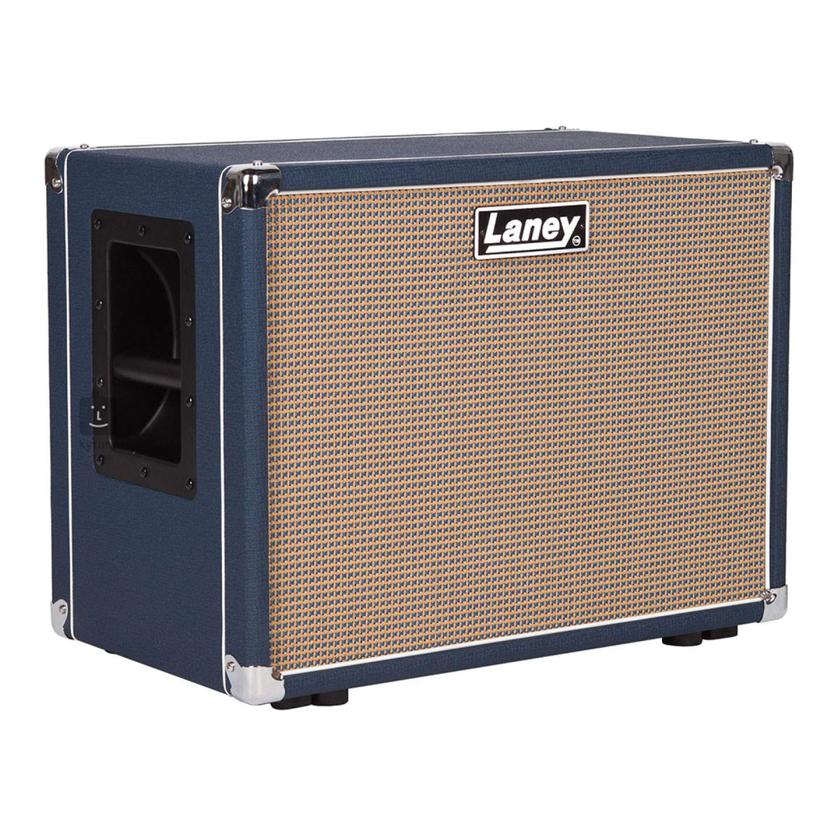 Laney Lionheart LT112 1x12 guitar cabinet angled front view of the blue tolex 1x12 cabinet with wheat grille