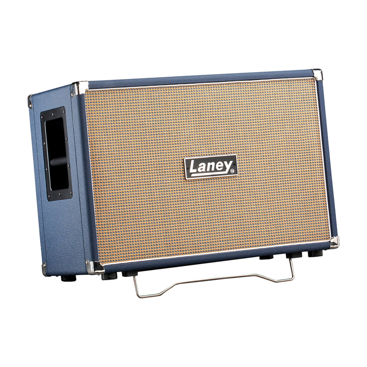 Laney Lionheart LT212 2x12 guitar cabinet angled front view of the 2x12 cabinet on its tilt-back stand