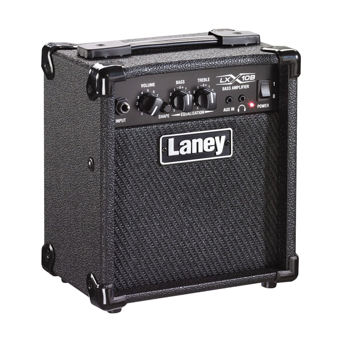 Laney LX10B 10W electric bass combo amp in black, angled front view with Laney logo grille and top control panel