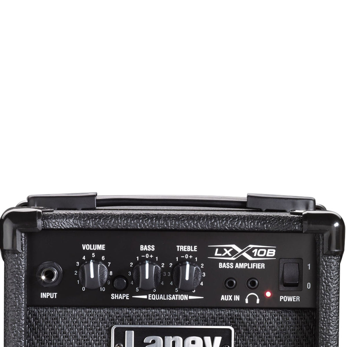Close-up of the Laney LX10B bass amplifier control panel with input, volume, shape switch, bass and treble EQ, aux in, headphone jack and power switch