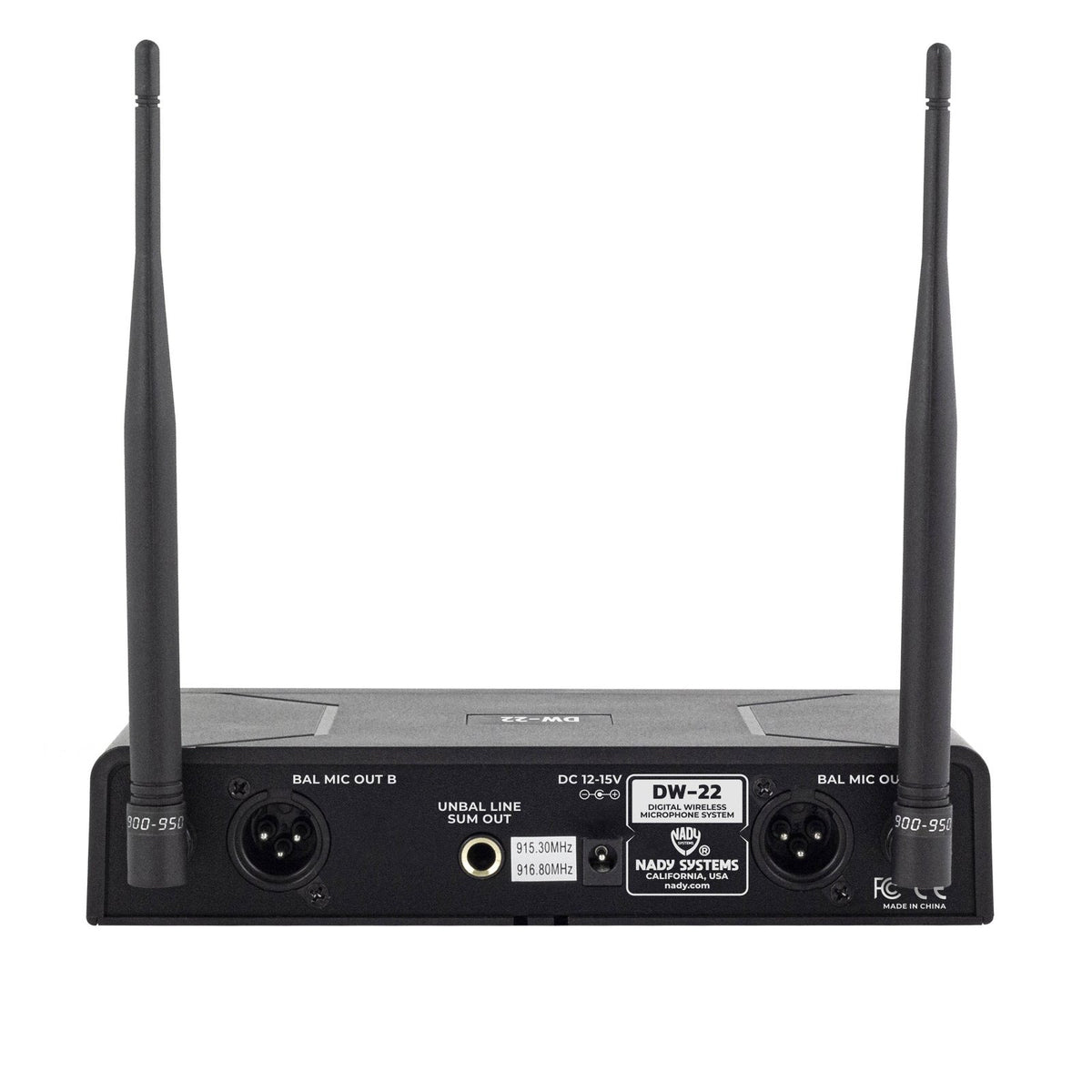 Nady DW-22 receiver rear panel with two balanced XLR outputs and unbalanced sum output