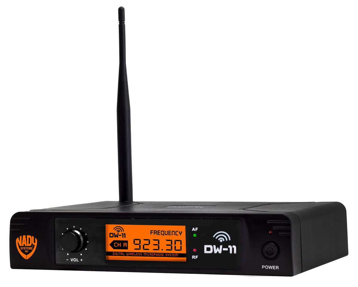 Nady DW-11 receiver, angled view with antenna, orange frequency display and volume knob