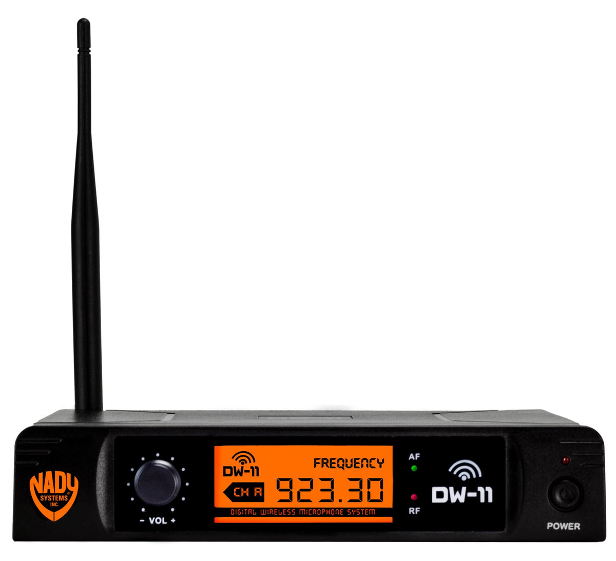 Front panel of the Nady DW-11 receiver showing the frequency display, volume knob and power button