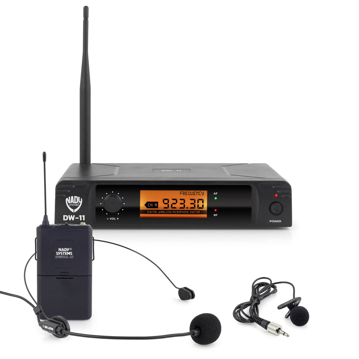 Nady DW-11 LT-HM digital wireless system with receiver, bodypack transmitter, headset microphone and lavalier microphone