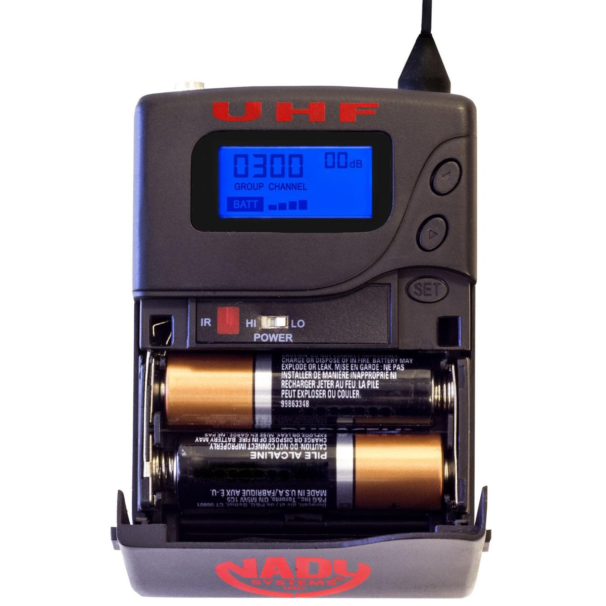 Nady BT-1KU bodypack transmitter with battery compartment open showing two batteries