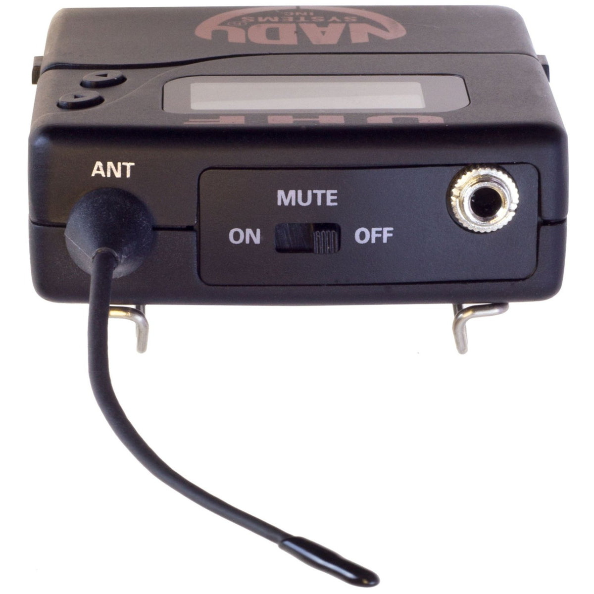 Nady BT-1KU bodypack transmitter top panel with antenna jack, mute switch and mic input