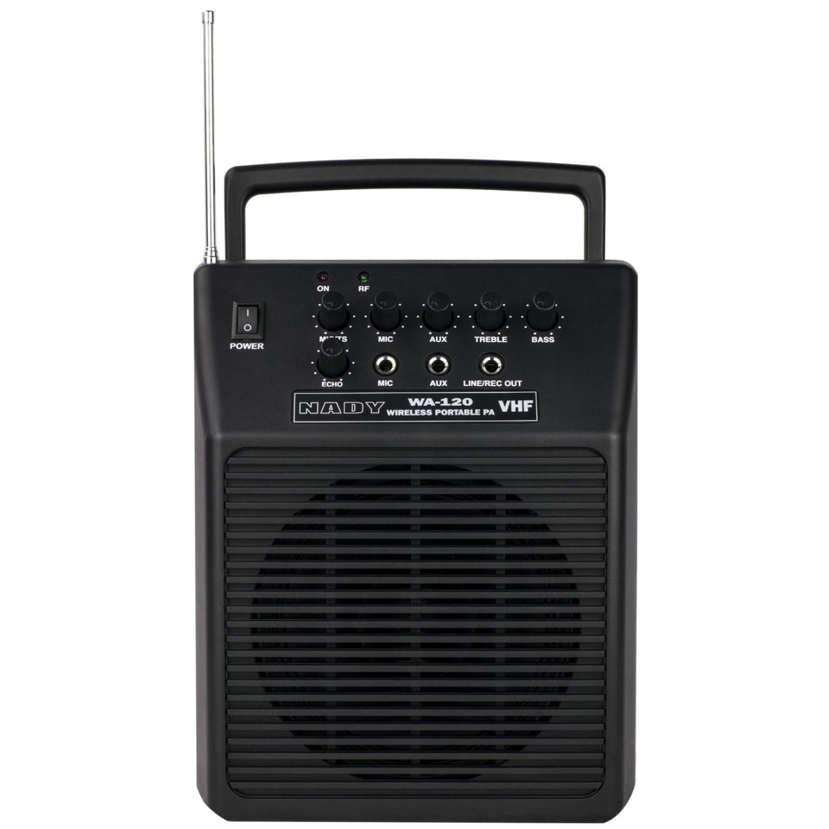 Nady WA-120BT HM portable PA speaker, straight-on front view with antenna and speaker grille