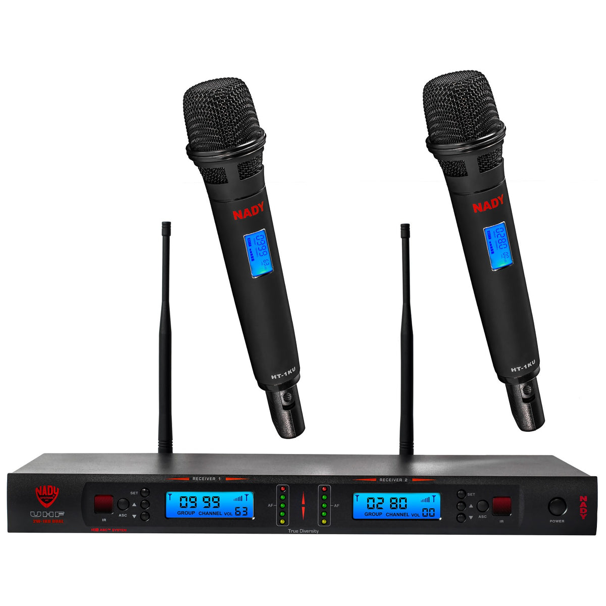 Nady 2W-1KU HT dual UHF wireless system, half-rack receiver with two handheld microphones