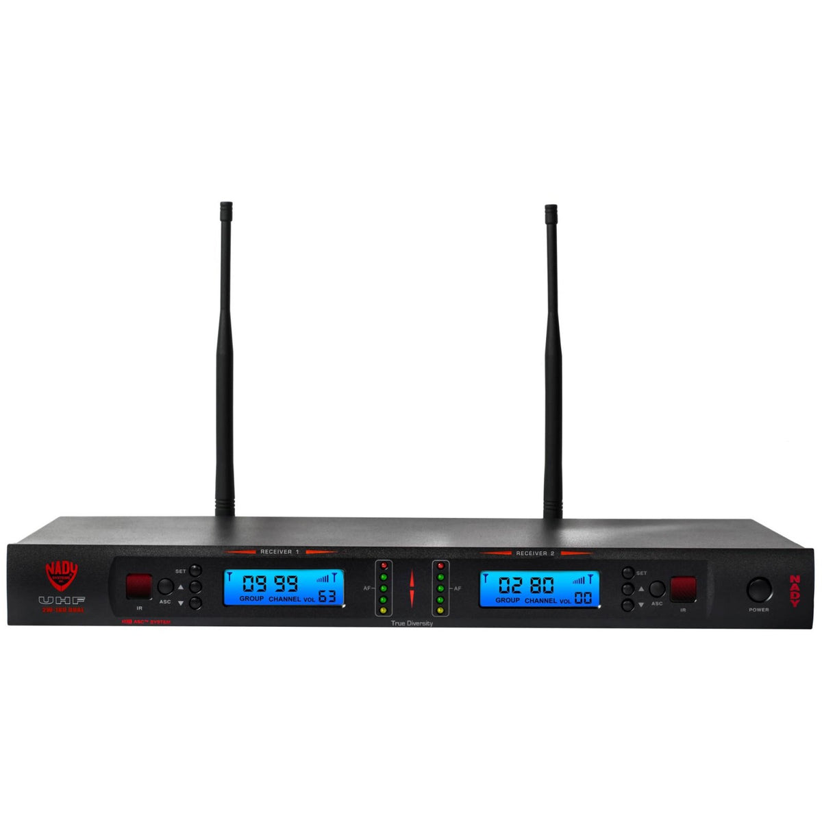 Nady 2W-1KU dual true diversity receiver, front panel with two LCD displays and antennas