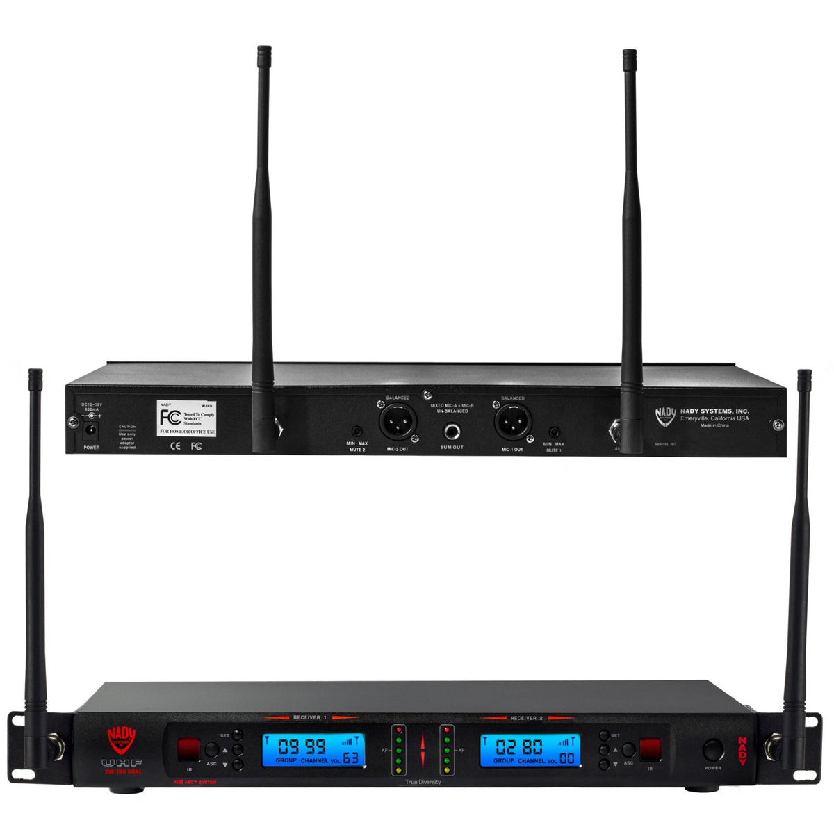 Nady 2W-1KU receiver shown front and rear, stacked, with antennas