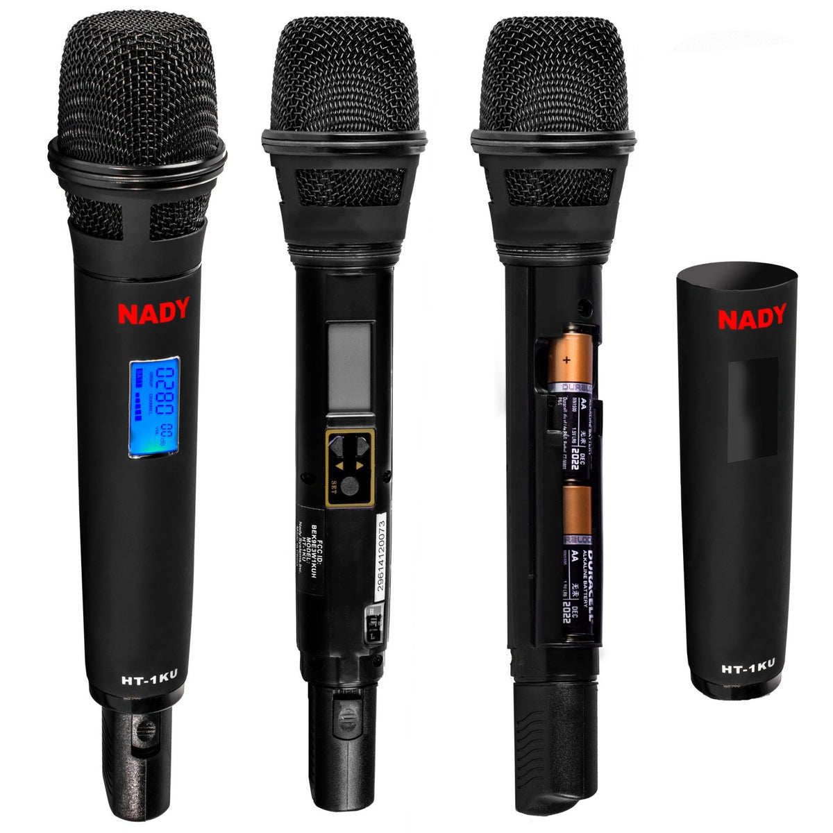 Nady HT-1KU handheld microphones, one with the battery compartment open