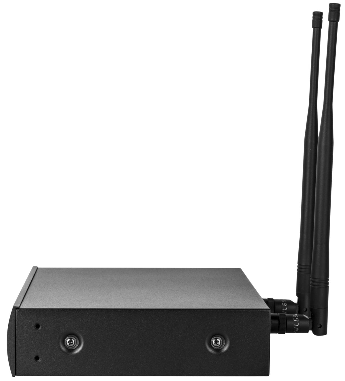 Nady 2W-1KU LT receiver side view with two antennas and a lavalier microphone