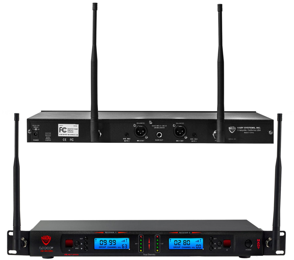 Nady 2W-1KU LT dual true diversity UHF receiver mounted in a rack, front and rear views