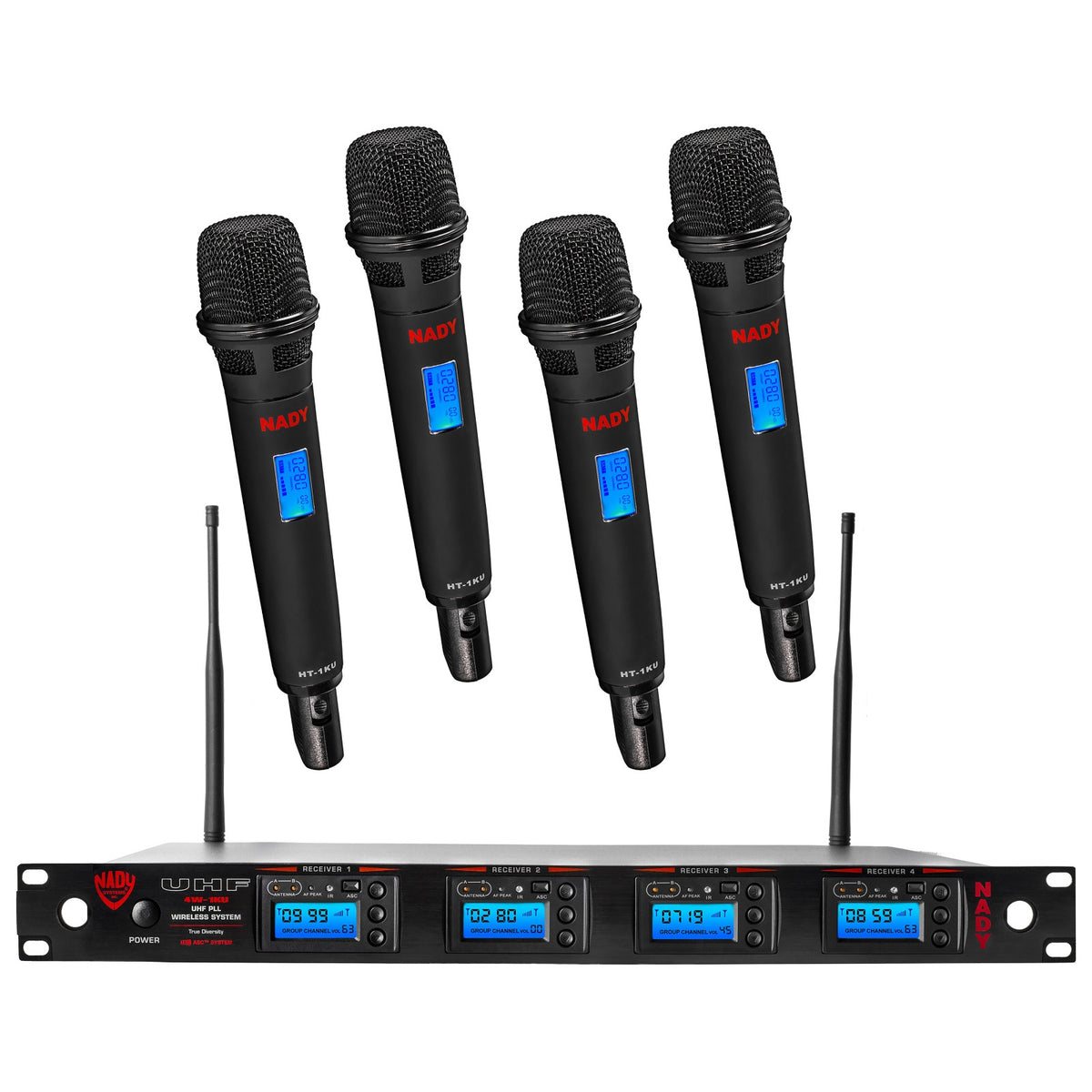Nady 4W-1KU HT quad UHF wireless system, rack receiver with four handheld microphones
