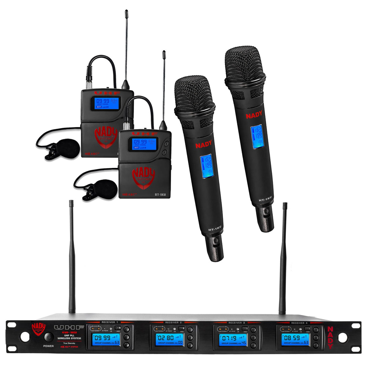 Nady 4W-1KU HT quad UHF wireless system, rack receiver with two handheld and two lavalier bodypack transmitters