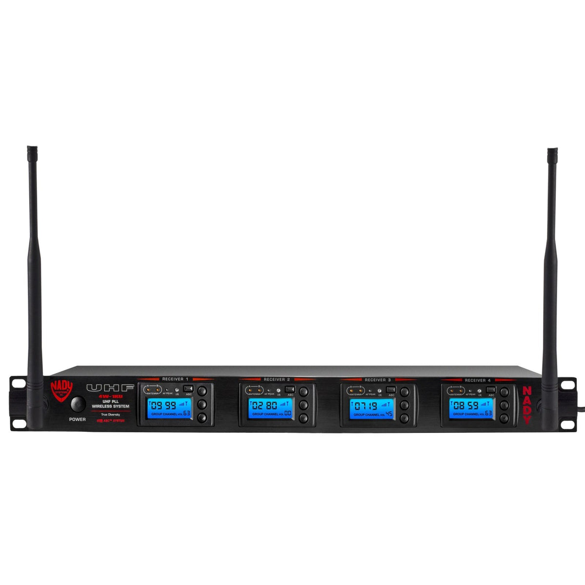 Nady 4W-1KU quad receiver, front panel with four LCD displays and two antennas