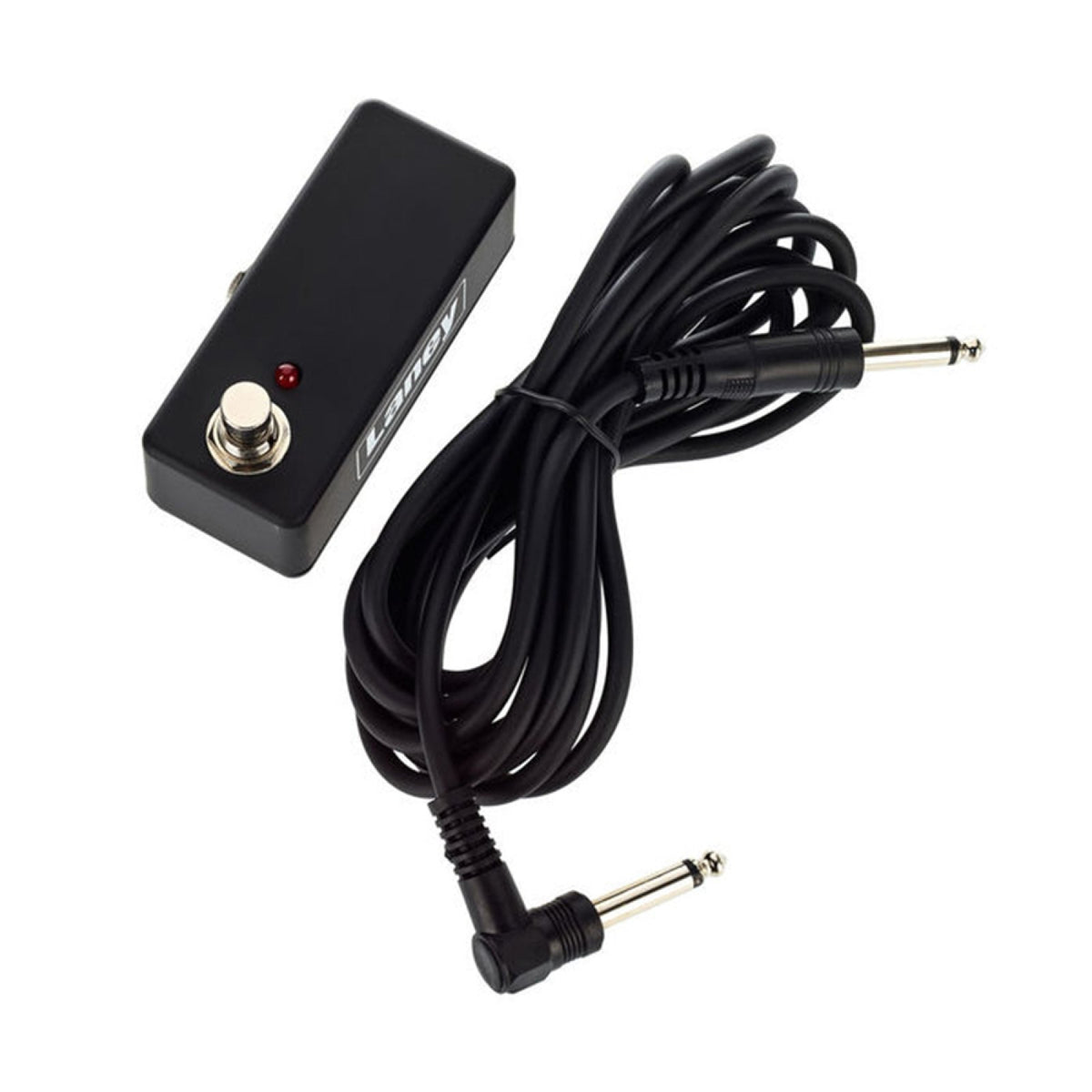 Laney FS1-MINI single footswitch next to its coiled instrument cable with 1/4-inch plugs
