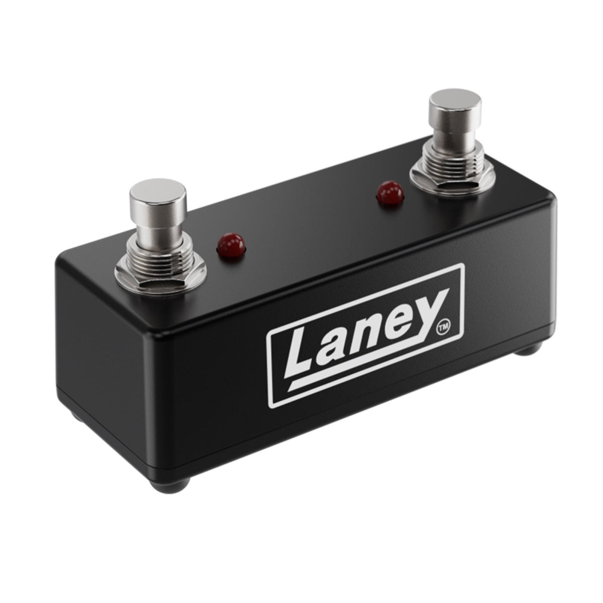 Laney FS2-MINI dual footswitch, black metal chassis with Laney logo, two footswitch buttons and red LEDs, three-quarter view