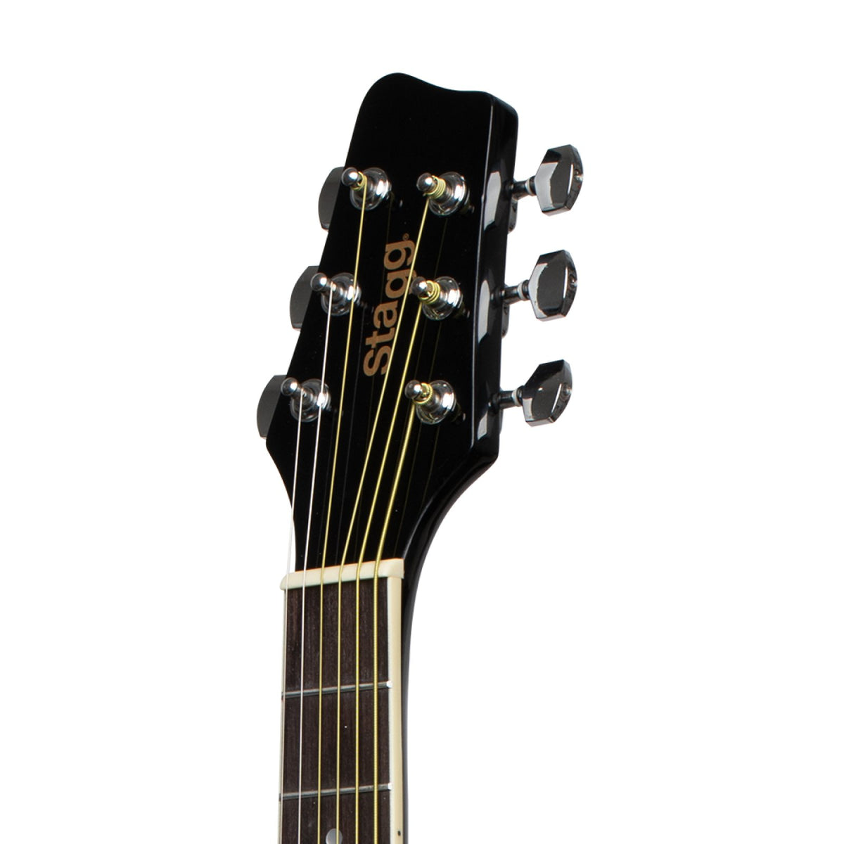 Headstock of the Stagg SA20D 3/4 LH-BK left-handed acoustic guitar with open-gear nickel machine heads