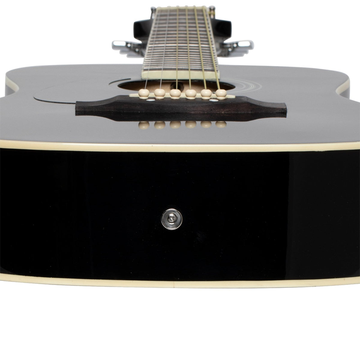 Close-up of the highgloss black body side, binding and bridge on the Stagg SA20D 3/4 LH-BK guitar