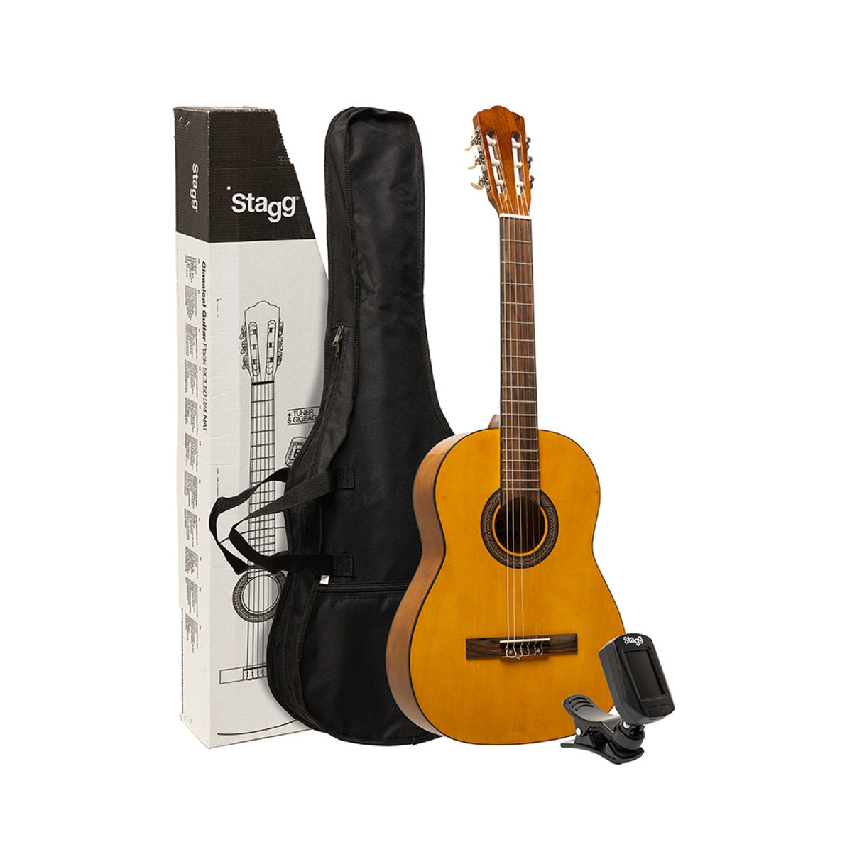 Stagg SCL50 3/4 natural classical guitar pack with guitar, bag, clip-on tuner and colour box