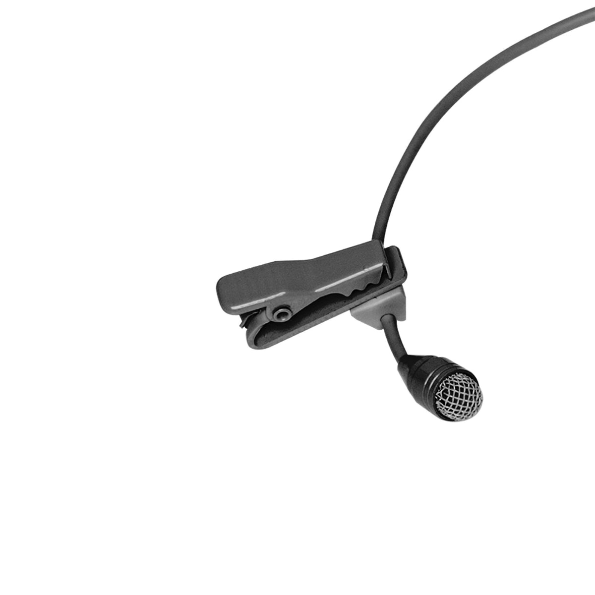 Close-up of the Stagg SUW 12L lavalier microphone with its clothing clip and mesh capsule