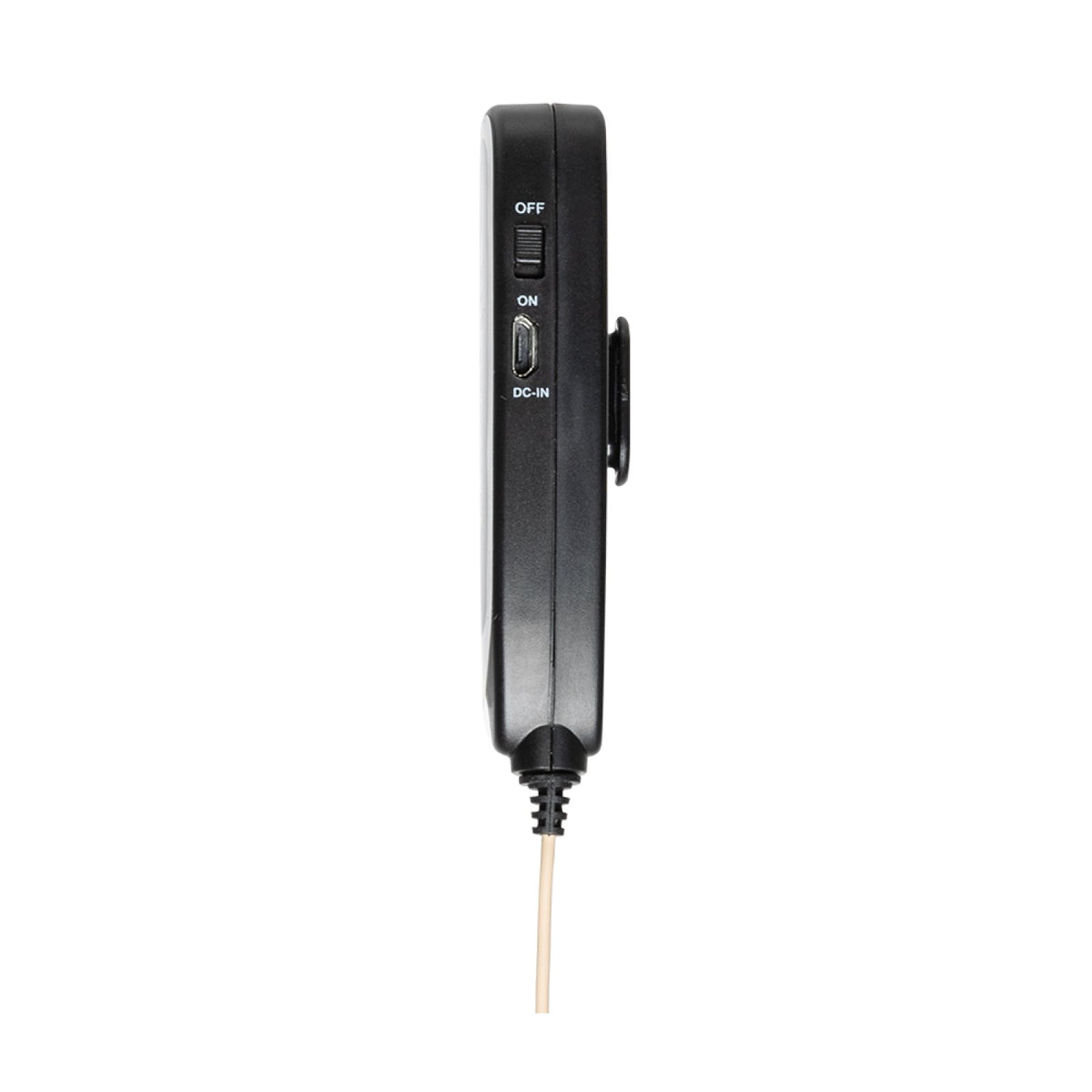 Side of the Stagg SUW 12L transmitter showing the off/on switch and DC-in socket