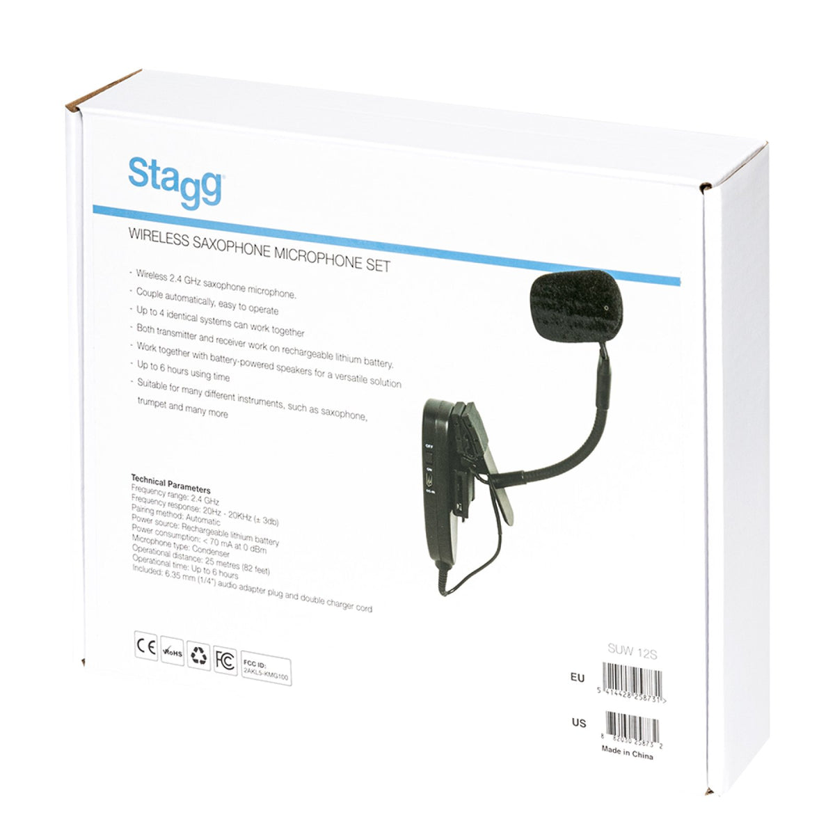 Retail box of the Stagg SUW 12S wireless saxophone microphone set