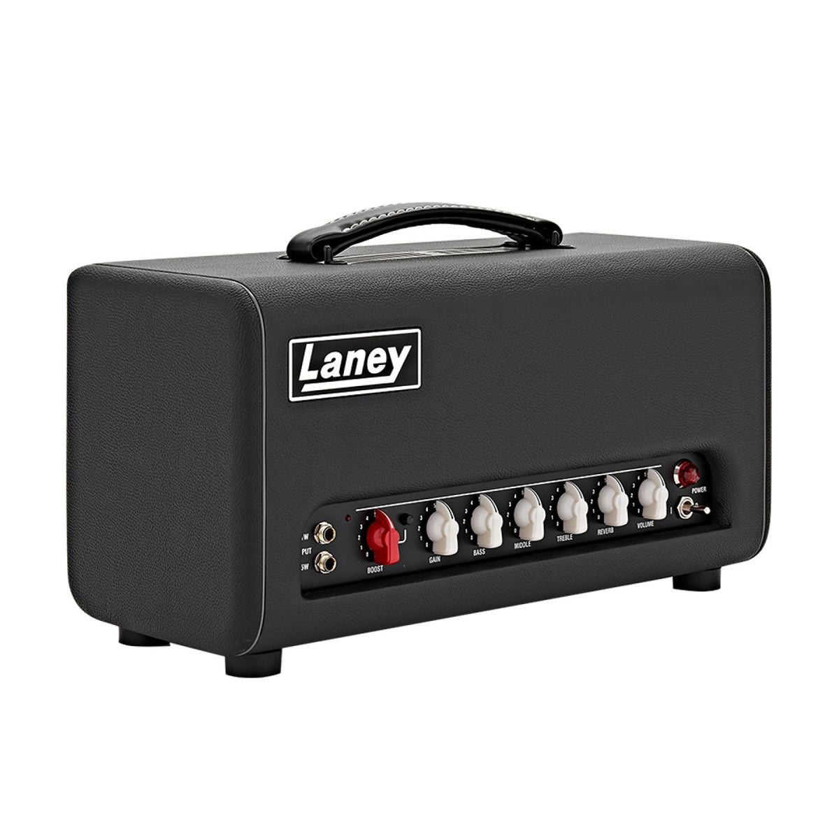 Laney Cub-Supertop 15W all-tube guitar amp head rear angled view of the black head showing ventilated back and handle